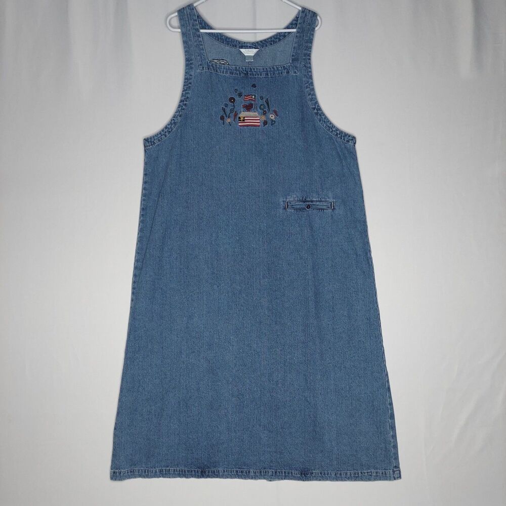 CJ Banks‎ Denim Jumper Dress 20W Blue Embroidered Patriotic Farmhouse Vtg 90s